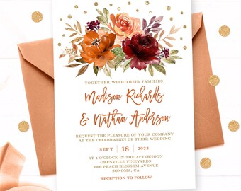 Fall Wedding Invitation Set with RSVP, Details Card, Editable Wedding Invitation Template, Printable, Rust, Terracotta, Autumn Floral, VWC74