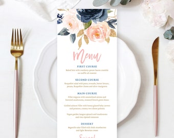 Editable Navy and Blush Menu Template, Printable Menu, DIY Menu, Navy, Blush, Pink, Floral, Gold, VWC78
