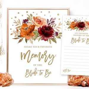Favorite Memory of the Bride to Be Sign and Note Cards, Printable Bridal Shower Game, Fall, Autumn, Sienna, Burnt Orange, Floral, VWC76