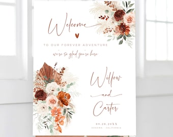 Pampas & Floral Wedding Welcome Sign, Editable Wedding Welcome Sign Template, Boho Wedding Sign, Printable, Terracotta, Rust, VWC72