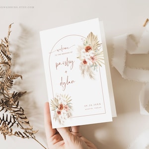 Bifold Wedding Program Template, Boho Wedding Program, Printable Wedding Program, Editable, Folded Wedding Program, Arch, Floral, VWC70