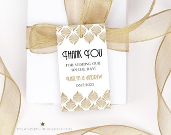 Art Deco Wedding Favor Tag Template, Printable Favor Tags, Editable, Gold, Back, Gatsby, Art Deco Shell, VW46