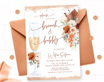 Brunch & Bubbly Invitation, Boho Bridal Brunch and Bubbly Invitation Template, Printable, Editable, Pampas, Arch, Rust, Terracotta, VWC71