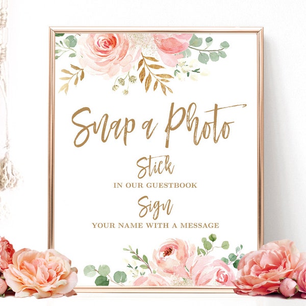 Photo Guest Book Sign, Printable Photo Guestbook Sign, Bridal Shower, Snap a Photo,  Blush Pink Floral, VWC95