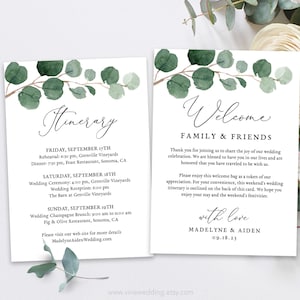 Modern Greenery Wedding Welcome Bag Note and Itinerary, Printable Welcome Letter Template, Editable Text, Elegant, Calligraphy, VWT10