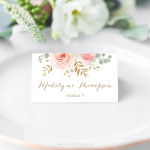 Blush Pink Floral Wedding Place Card and Escort Card Templates, Printable Wedding Place Cards, Tented and Flat, Blush Pink, VWC94, VWC95