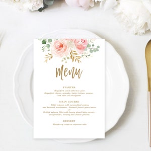 Menu Card Template, 5x7 and 4x9 Inch Size Printable Bridal Shower Menu Card, Blush Pink and Gold, VWC95