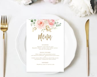 Menu Card Template, 5x7 and 4x9 Inch Size Printable Bridal Shower Menu Card, Blush Pink and Gold, VWC95