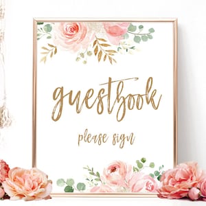 Blush Pink Floral Guestbook Sign, Printable Guest Book Sign, Bridal Shower Guestbook Sign, Floral, Gold, VWC95