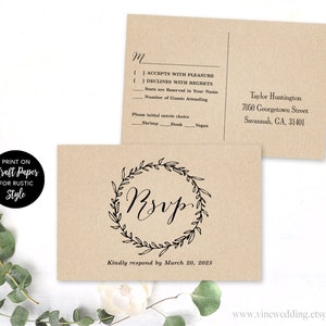 RSVP Postcard Template, Printable Wedding Postcard RSVP Card Template, Editable, Classic Wreath, VW06