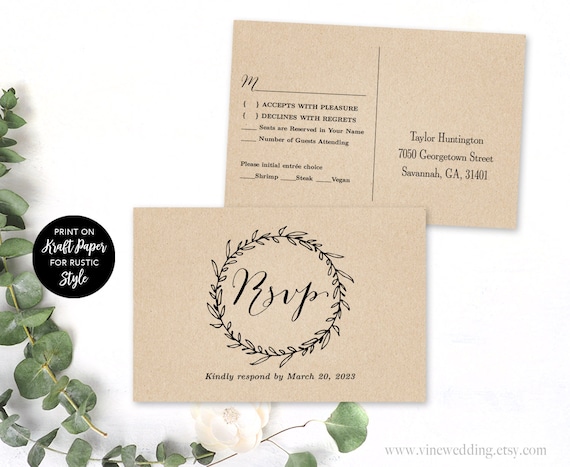 RSVP Postcard Template, Printable Wedding Postcard RSVP Card Template, Editable, Classic Wreath, VW06