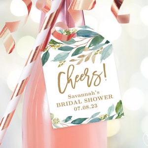 Champagne or Wine Bottle Favor Tags, Cheers, Printable Bridal Shower Favor Tag Template, Editable, Leaves, Boho Greenery, VWC79