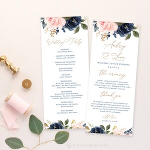 May include: Wedding ceremony program with a floral design featuring pink and blue flowers. The program includes the officiant, parents of the bride and groom, maid of honor, best man, bridesmaids, groomsmen, flower girls, ring bearers, and a thank you message from the couple.