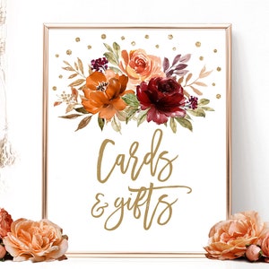 Cards & Gifts Sign, Printable Cards and Gifts Sign, Bridal Shower or Wedding, Fall, Autumn, Sienna, Burnt Orange, Floral, VWC76, VWC74