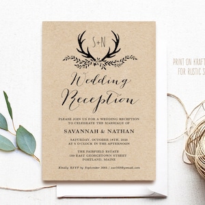 Editable Wedding Reception Party Invitation Template, Printable Rustic Reception Party Invitation Card, DIY, Kraft , Floral Antler, VW19