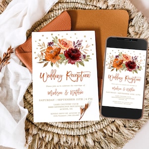 Editable Wedding Reception Invitation Template, Printable Fall Wedding Invitation Card, Burnt Orange, Terracotta, Autumn Floral, VWC74