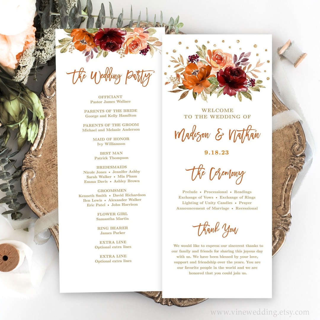 Fall Wedding Programs, Printable Wedding Program Template, Editable, 2 ...