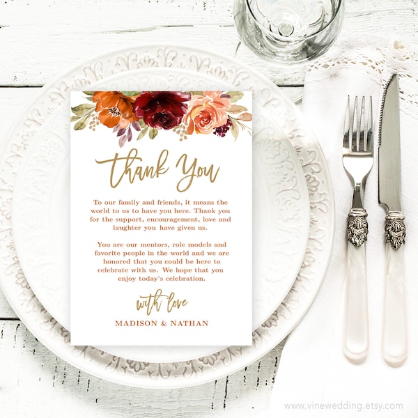 Thank You Message Card, Editable Thank You Note Card, Wedding, Printable, Fall, Autumn, Sienna, Burnt Orange, Floral, Gold, VWC76, VWC74