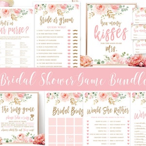 Bridal Shower Game Bundle Two, Printable Blush Pink Floral Bridal Shower Games, Eight Fun Bridal Party Games, Blush, Pink, Gold, VWC95