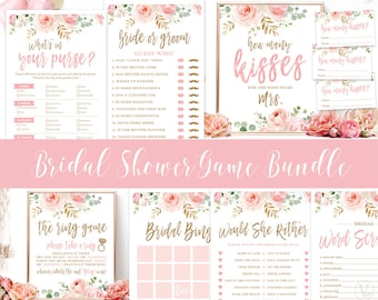 Bridal Shower Game Bundle Two, Printable Blush Pink Floral Bridal Shower Games, Eight Fun Bridal Party Games, Blush, Pink, Gold, VWC95