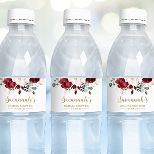 Wedding Water Bottle Labels, Printable Water Bottle Label Template, Editable,  Burgundy Pink Floral, VWC83