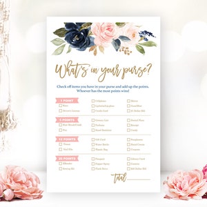 Bridal Shower Game, What's in your Purse, Printable Bridal Party Games, Bridal Shower Games, Navy, Blush, Pink, VWC78