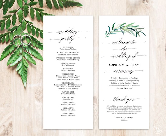 printable wedding program template greenery wedding programs etsy