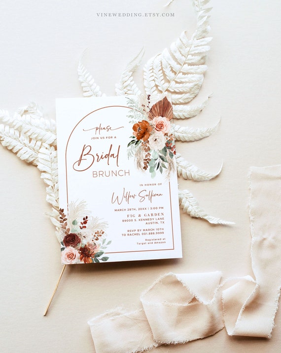 Bridal Brunch Invitation, Boho Bridal Brunch Invitation Template, Printable, Editable, Pampas, Floral, Arch, Rust, Terracotta, VWC71