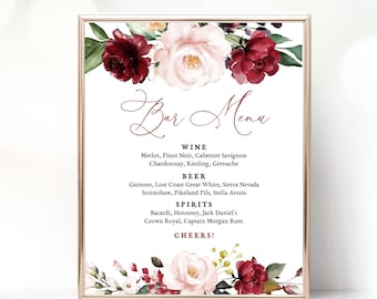 Bar Menu Sign, Printable Wedding Bar Menu Sign Template, 8x10 Wedding Sign, Fall, Plum, Wine, Burgundy Pink Floral, VWT14