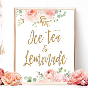 Ice Tea & Lemonade Sign, Printable Ice Tea and Lemonade Sign, Bridal Shower Sign, Blush Pink Floral, Gold, VWC95