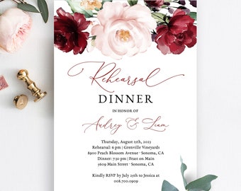 Rehearsal Dinner Invitation Card, Printable Rehearsal Dinner Template, Editable Text, Fall, Marsala, Plum, Wine, Burgundy Pink Floral, VWT14