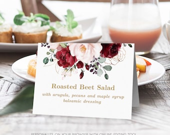 Buffet Food Sign, Tent Card, Printable Buffet Food Label Template, Editable Text, 5"x3.5" Folded, Burgundy, VWC83, VWT14