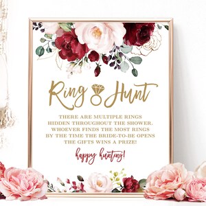 Ring Hunt Game, Bridal Shower Game, Printable Ring Hunt Game Sign, Floral, Burgundy, Pink, Gold, VWC83
