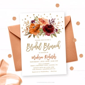Bridal Brunch Invitation Template, Editable, Printable Bridal Brunch Invitation, Fall, Autumn, Sienna, Burnt Orange, Floral, Gold, VWC76