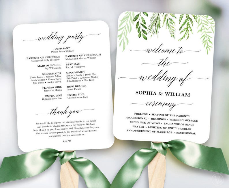Greenery Wedding Fan Program Printable Template Programs Diy Botanical Vw52