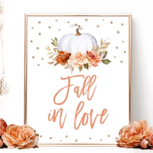 Fall in Love Sign, Printable Bridal Shower Sign, Table Decor Sign, Fall, Autumn, Pumpkin, Floral, Gold, VWC75