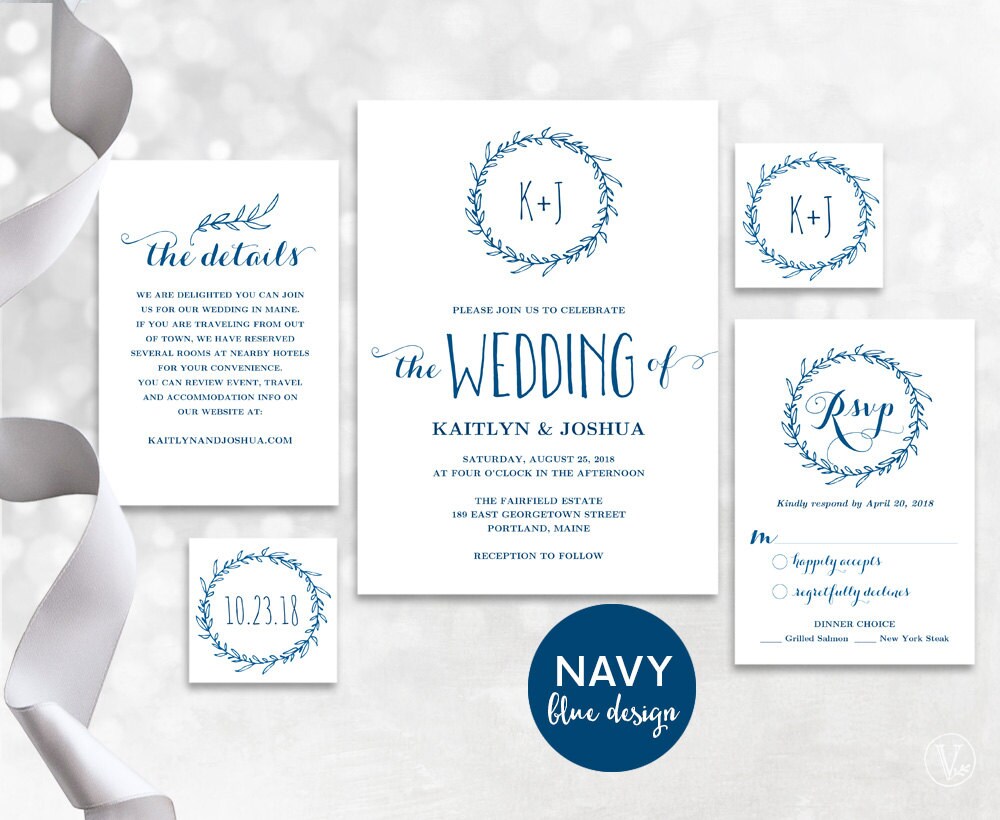 Navy Blue Wedding Invitation Template Wedding Invitation | Etsy