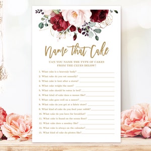 Bridal Shower Game, Name that Cake Game, Printable Cake Game, Bridal Shower Games, Burgundy Pink Floral, VWC83