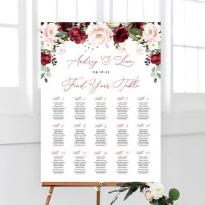 Seating Chart Sign, Printable Wedding Seating Chart Template, DIY Wedding Seating Chart, Editable, Burgundy Pink Floral, Fall, VWT14