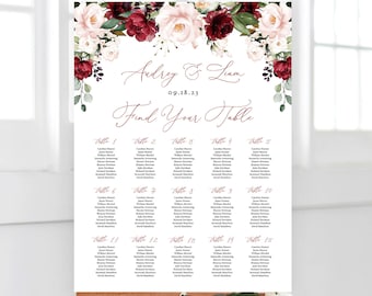 Seating Chart Sign, Printable Wedding Seating Chart Template, DIY Wedding Seating Chart, Editable, Burgundy Pink Floral, Fall, VWT14