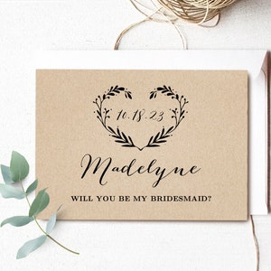 Editable Bridesmaid Proposal Template, Printable, Maid of Honor Proposal Card, Rustic, DIY, Kraft, Heart Wreath, VW08