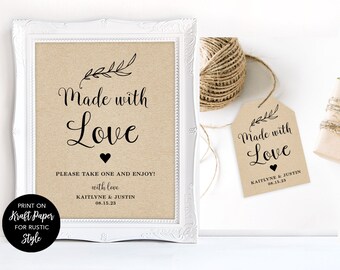 Made with Love Sign & Favor Tags, Printable Wedding Favor Tag Template, Wedding Favors Sign, Rustic, Kraft, Handmade Favors, VW01