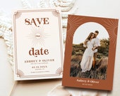 Retro Save the Date Card, Editable Save Our Date Card Template, Save the Date with Photo, Terracotta, Modern Boho, Mid Century, Arch, VWC68