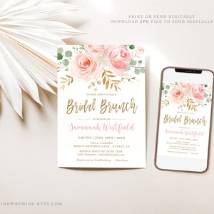 Blush Pink Floral Bridal Brunch Invitation Template, Editable, Printable Bridal Shower Brunch Invitation, Blush Pink and Gold, VWC95 image 4