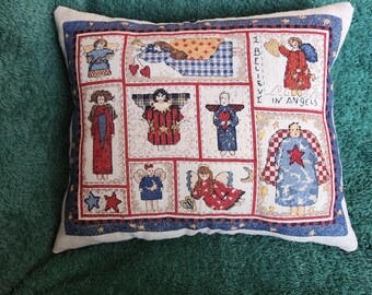 Vintage Debbie Mumm Finished Angel Cross Stitch Pillow. No international shipping.