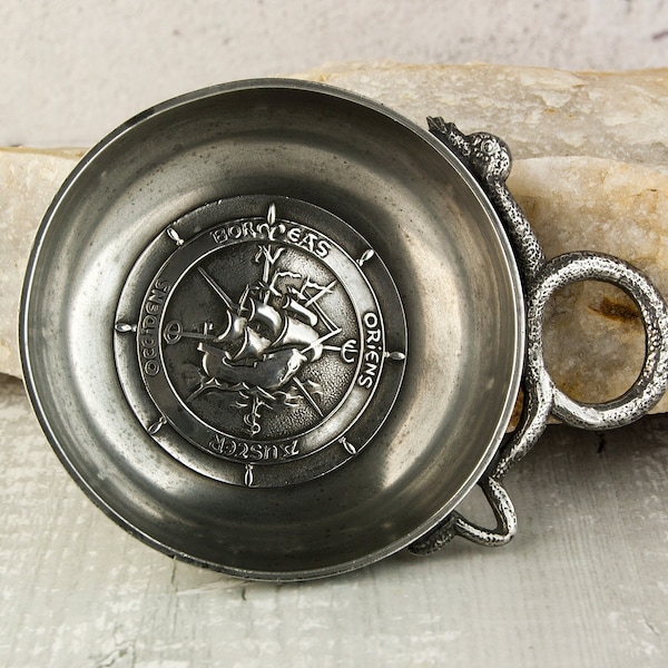 Pewter Tastevin or Wine Tasting Cup - Galleon and Compass Points - Snake Handle