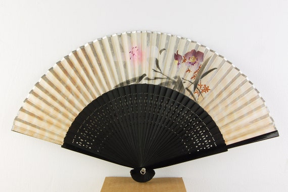 Vintage Fan - Hand Fan - Black and Grey - Bamboo … - image 1