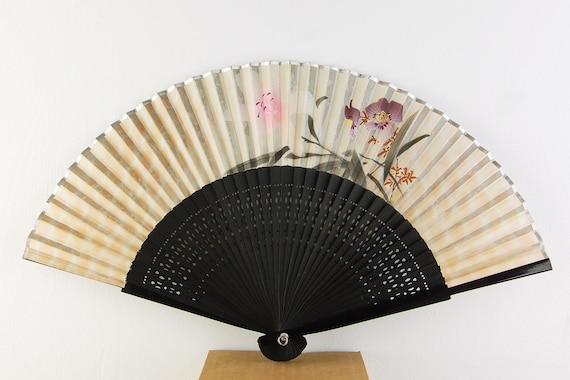 Vintage Fan - Hand Fan - Black and Grey - Bamboo a