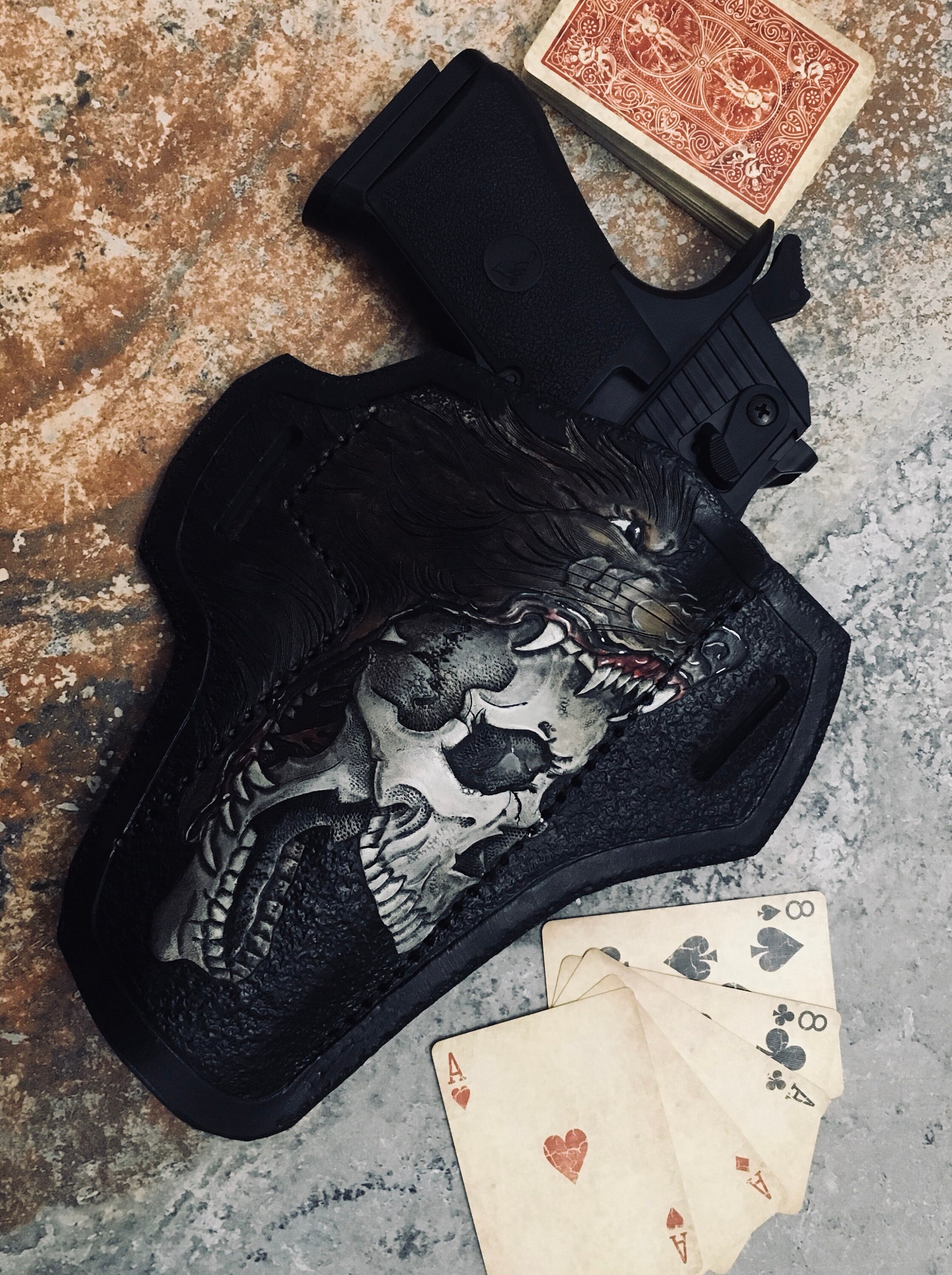 Skull Holster Hand tooled leather holster, Desert Eagle 50 cal. , skull