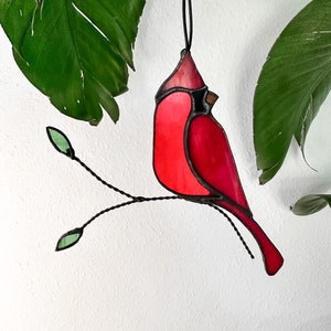 Cardinal on Branch Stained Glass Suncatcher